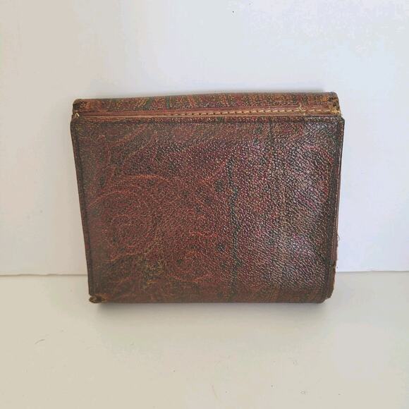 Etro Vintage Brown Paisley Medium Leather Wallet Compact Logo Italian Bifold - Picture 2 of 16